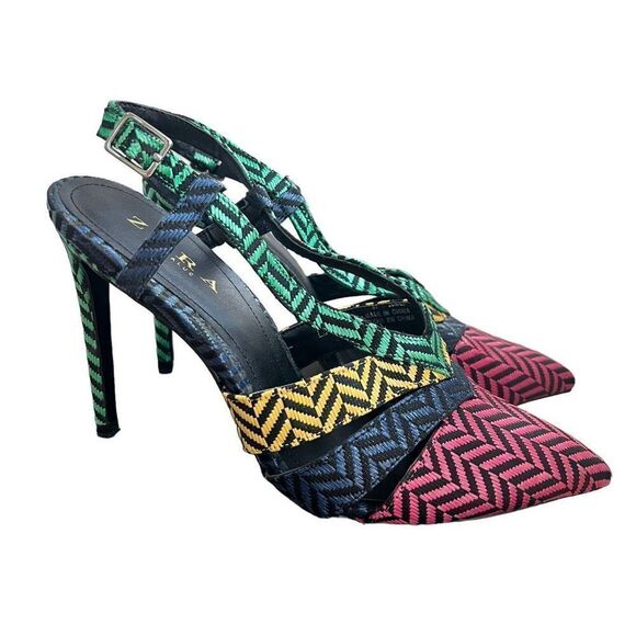 Zara Herringbone Multicolor Heels Pointed Toe Strappy Sz EU 41/10 US - Picture 1 of 6
